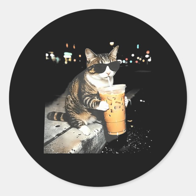 Funny cat Drinking iced Coffee Classic Round Sticker (Front)
