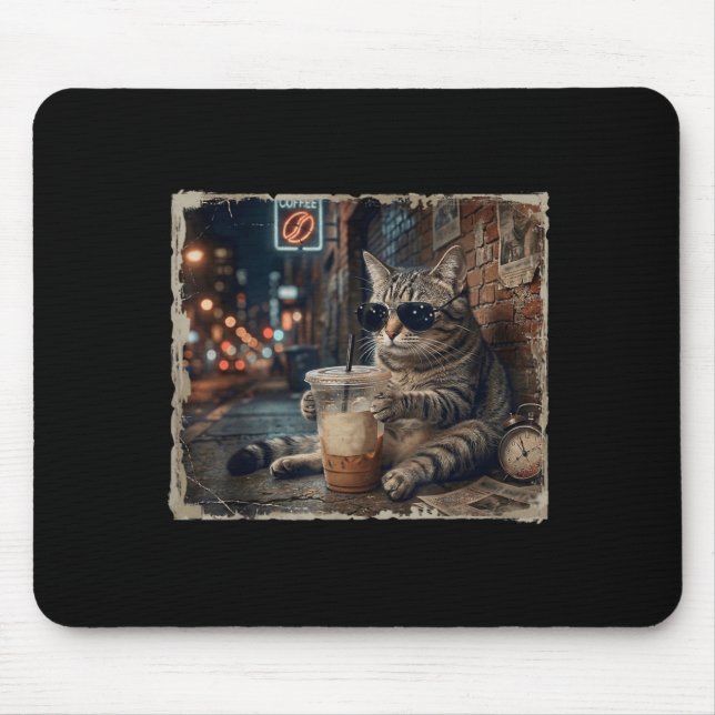 Funny Cat Drinking Iced Coffee Funny Animal Meme Mouse Pad (Front)
