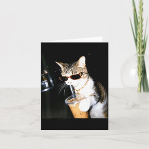 Funny Cat Drinking Iced Coffee Humor Meme Kitten Card