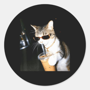 Funny Cat Drinking Iced Coffee Humor Meme Kitten Classic Round Sticker