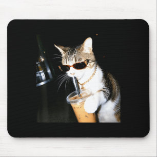 Funny Cat Drinking Iced Coffee Humour Meme Kitten Mouse Pad