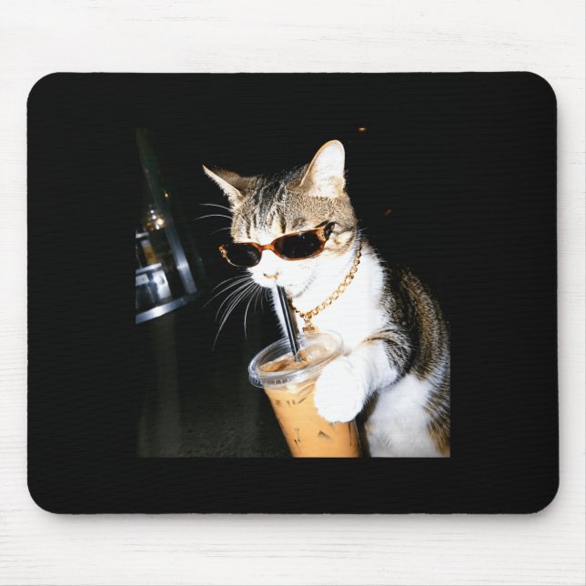 Funny Cat Drinking Iced Coffee Humour Meme Kitten Mouse Pad (Front)