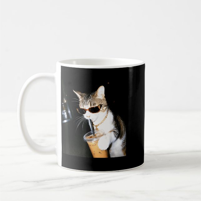 Funny Cat Drinking Iced Coffee Humour Meme Kitten Mug (Left)
