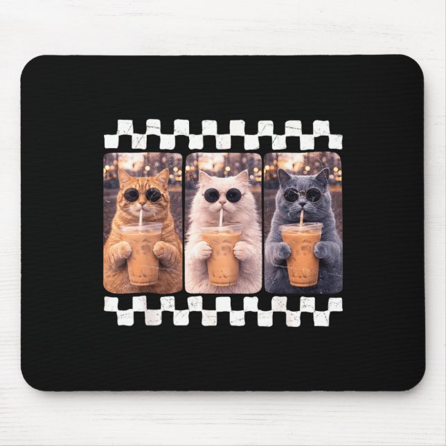 Funny Cat Drinking Iced Coffee Meme Animal Iced Mouse Pad (Front)