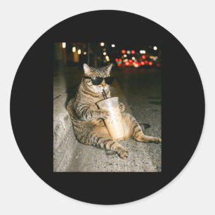 Funny cat drinking iced coffee meme men women  classic round sticker