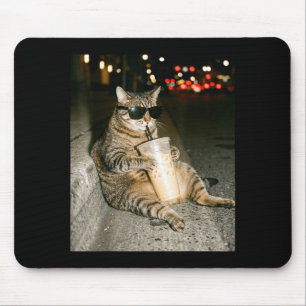 Funny cat drinking iced coffee meme men women mouse pad