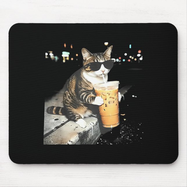 Funny cat Drinking iced Coffee Mouse Pad (Front)