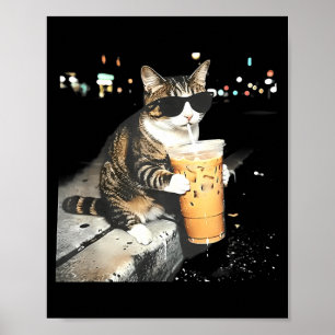 Funny cat Drinking iced Coffee Poster