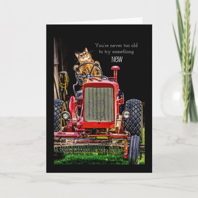 Funny Cat Driving Tractor Birthday Card (Front)