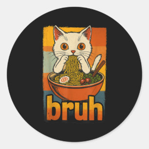 Funny Cat Eating Japanese Ramen Noodles Men Women  Classic Round Sticker