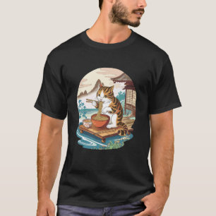 Funny Cat Eating Ramen Bowl Illustration T-Shirt