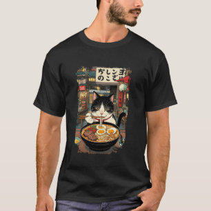 Funny Cat Eating Ramen Noodles Retro Japan Night M T-Shirt