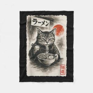 Funny Cat Eating Ramen Noodles Sumi-e Japanese Kaw Fleece Blanket
