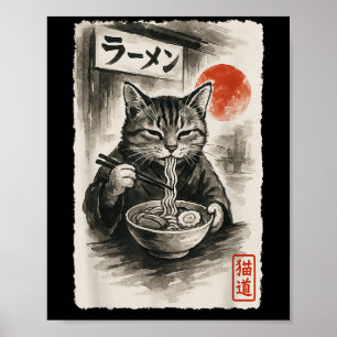 Funny Cat Eating Ramen Noodles Sumi-e Japanese Kaw Poster