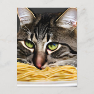 Funny Cat Eating Spaghetti Postcard