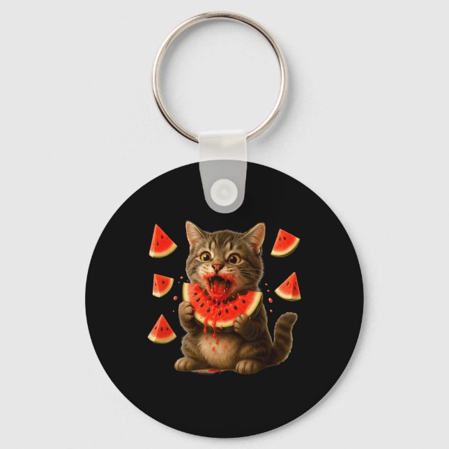 Funny Cat Eating Watermelon Slice Watermelon Day S Key Ring (Front)