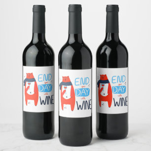 Funny Cat End Your Day With Wine Wine Label