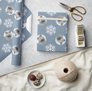 Funny Cat Face Photo Blue Snowflake Christmas Wrapping Paper