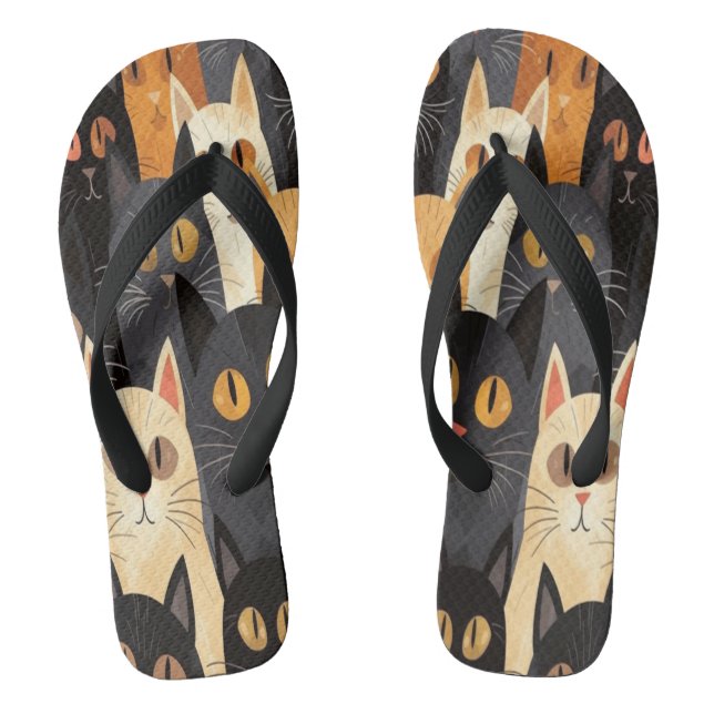Funny Cat Faces Cartoon in Black and Orange Thongs (Footbed)