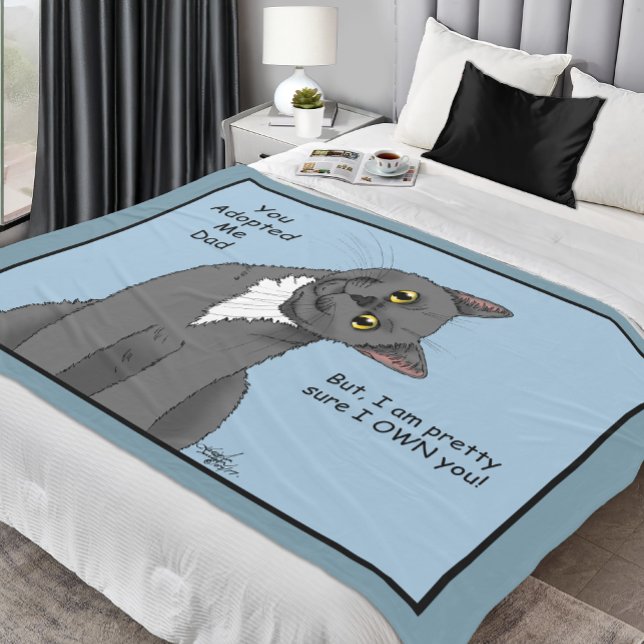 Funny Cat Father’s Day Grey Cat Blue Fleece Blanket (Creator Uploaded)