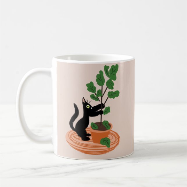 Funny Cat Fig Tree Potted Plants Hand Drawn     Coffee Mug (Left)