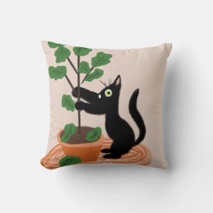 Funny Cat Fig Tree Potted Plants Hand Drawn Cushion