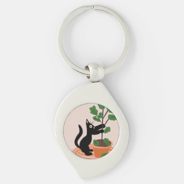 Funny Cat Fig Tree Potted Plants Hand Drawn     Gl Key Ring (Front)