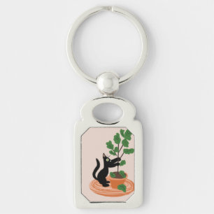 Funny Cat Fig Tree Potted Plants Hand Drawn Key Ring
