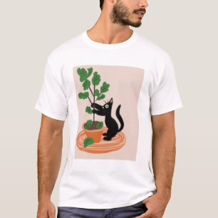Funny Cat Fig Tree Potted Plants Hand Drawn T-Shirt