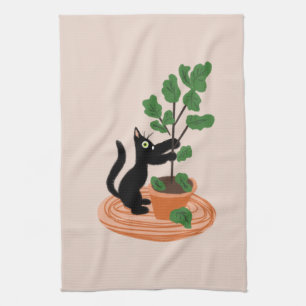 Funny Cat Fig Tree Potted Plants Hand Drawn Tea Towel