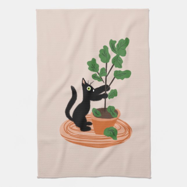 Funny Cat Fig Tree Potted Plants Hand Drawn     Tea Towel (Vertical)