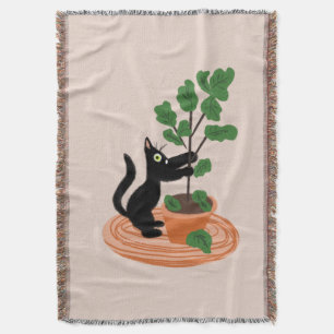 Funny Cat Fig Tree Potted Plants Hand Drawn     Throw Blanket