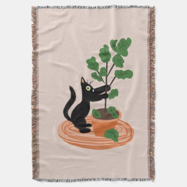 Funny Cat Fig Tree Potted Plants Hand Drawn     Throw Blanket (Front Vertical)