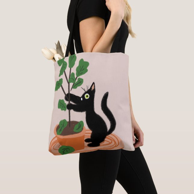 Funny Cat Fig Tree Potted Plants Hand Drawn      Tote Bag (Close Up)