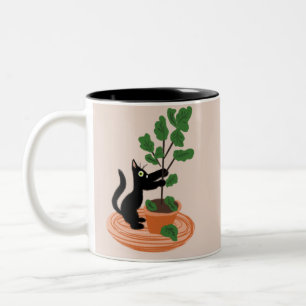 Funny Cat Fig Tree Potted Plants Hand Drawn     Two-Tone Coffee Mug