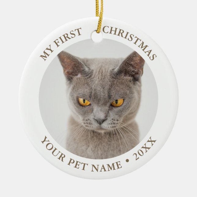 Funny Cat First Christmas Photo Ceramic Ornament (Front)