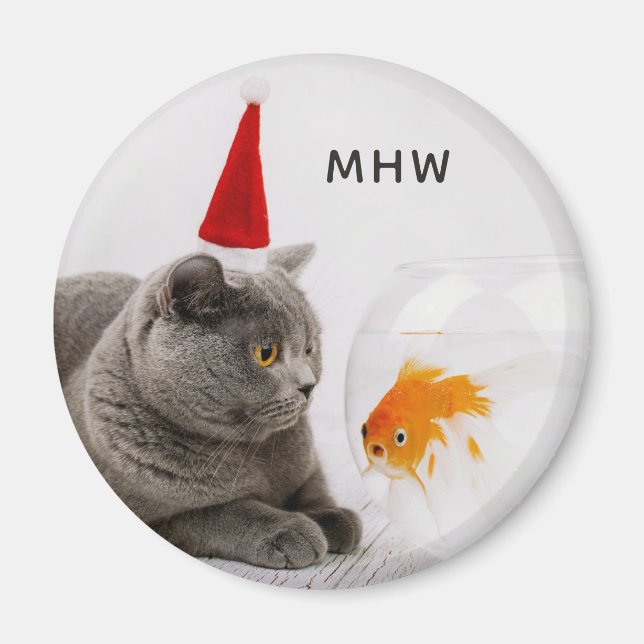 Funny Cat & Fish custom monogram magnet (Front)