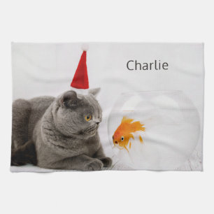 Funny Cat & Fish custom name hand towel