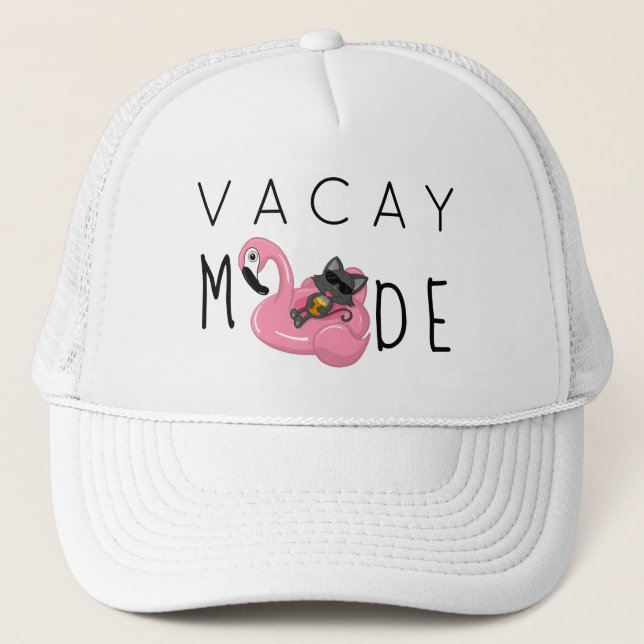 Funny Cat Flamingo Vacay Mode Vacation Trucker Hat (Front)