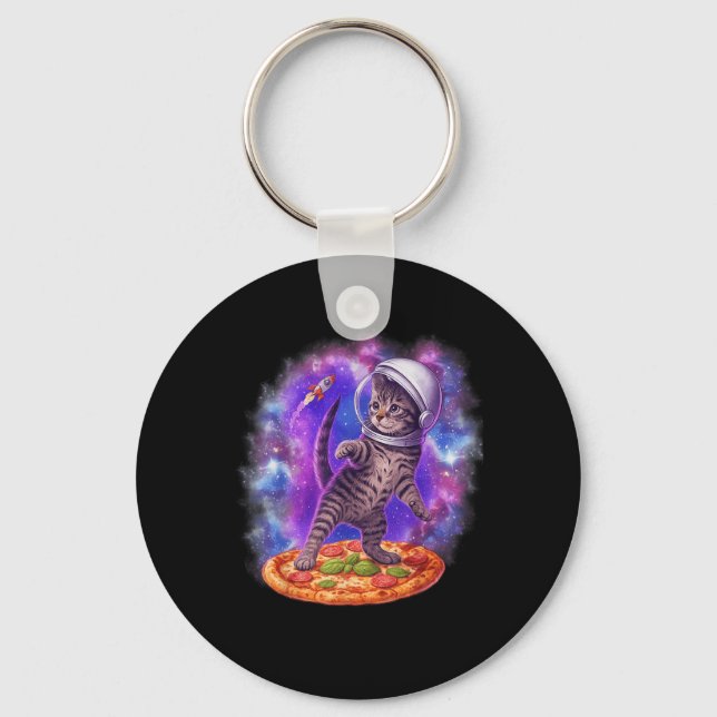 Funny Cat Flying A Pizza Astronaut Kitten Space Ki Key Ring (Front)