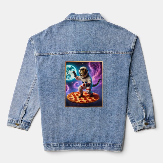 Funny Cat Flying A Pizza Astronaut Kitty Space Denim Jacket (Back)