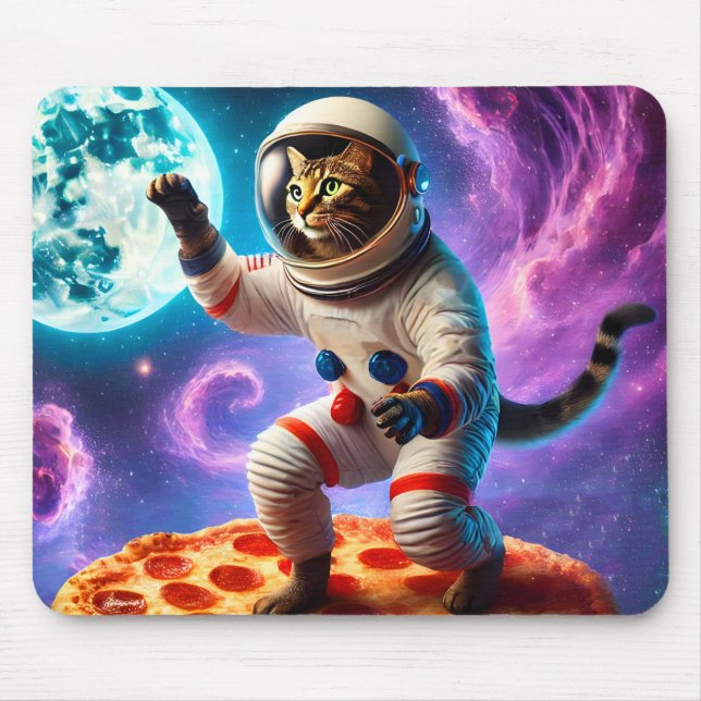 Funny Cat Flying A Pizza Astronaut Kitty Space Mouse Pad (Front)