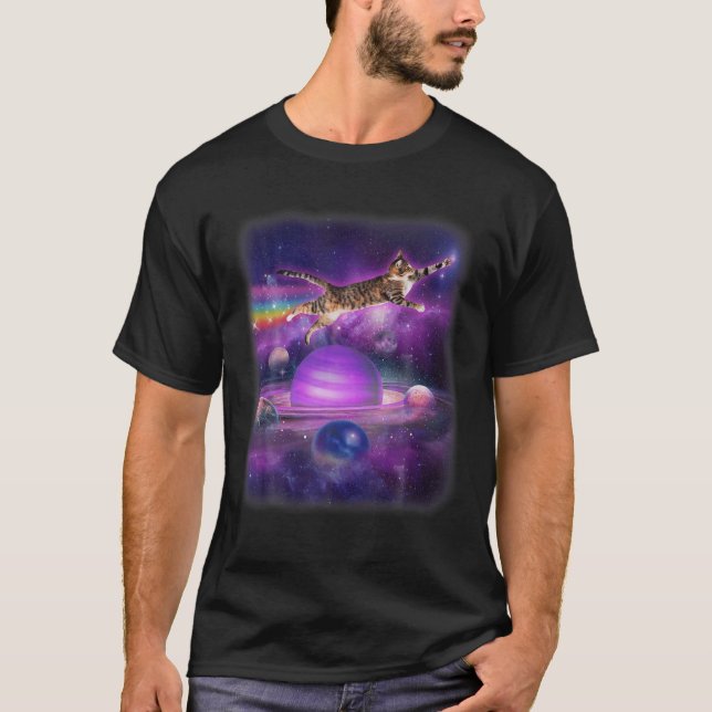 Funny Cat Flying In Space Rainbow Cat Kitten Plane T-Shirt (Front)