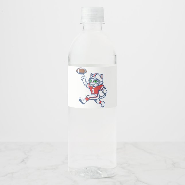 Funny Cat Football Player Water Bottle Label (Front)