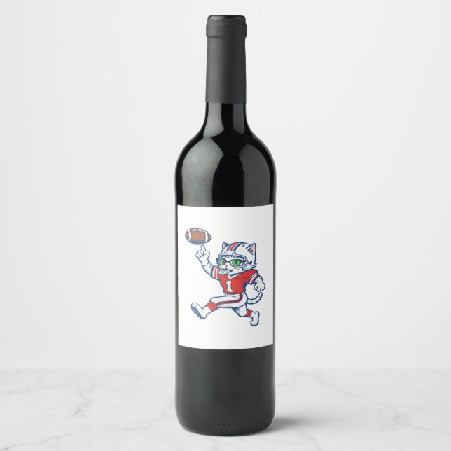 Funny Cat Football Player Wine Label (Front)