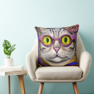 Funny Cat Funky Retro Wearing Glasses Cushion