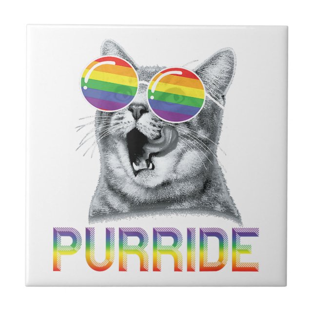 Funny Cat Gay Pride Rainbow Sunglasses LGBTQ  Ceramic Tile (Front)