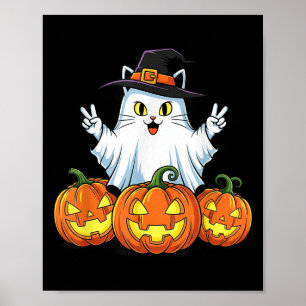 Funny Cat Ghost Pumpkin Boo Halloween Kids Mens Wo Poster