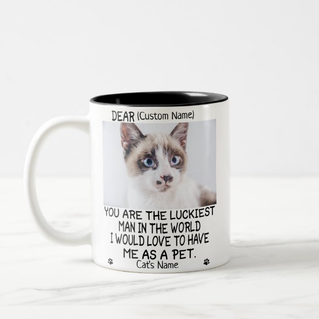 funny cat gift, Personalised cat's photo and name Two-Tone Coffee Mug (Left)