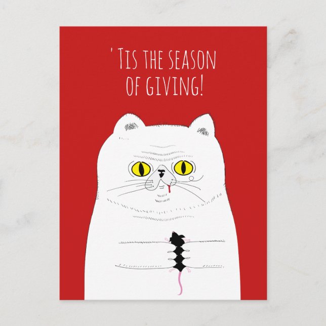 Funny Cat Gifting a Mouse Christmas Postcard (Front)